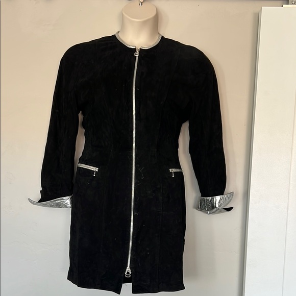 Leather Elegant Black Midi Dress with Silver Accents - Picture 1 of 7